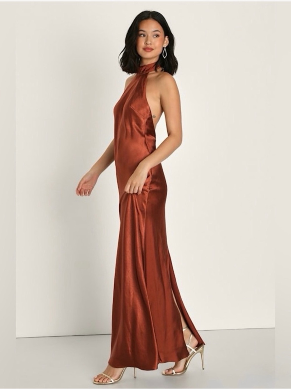 LULUS Rust Satin Halter Neck Open Back Y2K Old Money Wedding Guest Slip Dress S